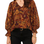 Beautiful Printed V-neck Lantern sleeve blouse top for women - EX-STOCK CANADA