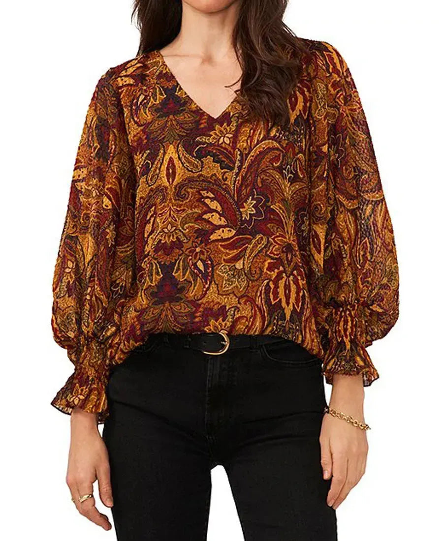 Beautiful Printed V-neck Lantern sleeve blouse top for women - EX-STOCK CANADA