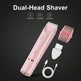 Pink dual-head shaver with packaging, attachments, and charging cable on a white background