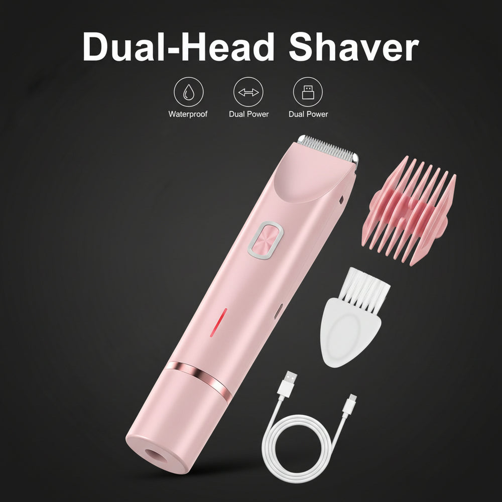 Pink dual-head shaver with packaging, attachments, and charging cable on a white background