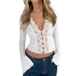 Slim V-neck Lace Button Shirt tank top Ins Fashion Trumpet Sleeve Long-sleeved Top Women Clothing - EX-STOCK CANADA
