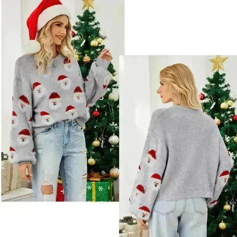 Christmas Sweater Women Cute Cartoon Santa Print Knit Sweater Winter Tops - EX-STOCK CANADA