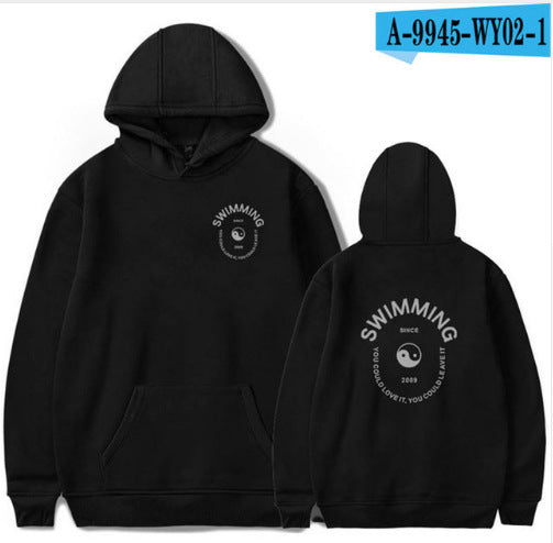 Black hoodie with 'Swimming' logo on front and back, on a white background.