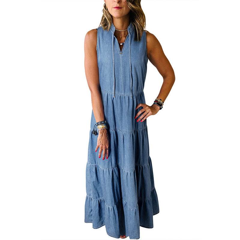 Women's Sleeveless Denim Fashion Retro High Waist Layered Dress - EX-STOCK Canada