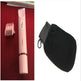 Pink hair trimmer with attachments on a red background and a black glove on a white background.