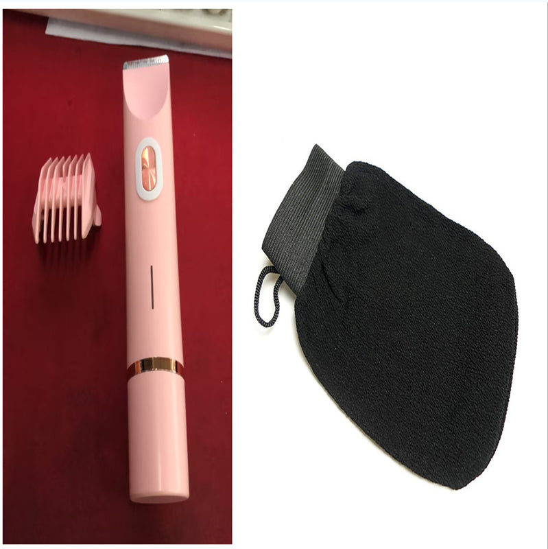 Pink hair trimmer with attachments on a red background and a black glove on a white background.