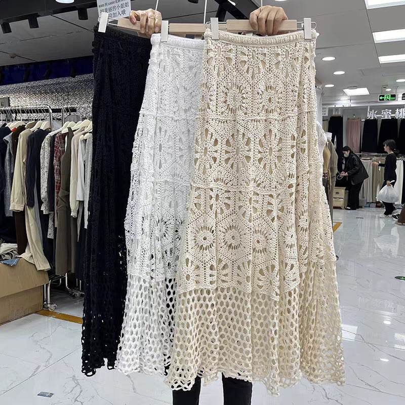 Spring Summer Crochet Lace Patchwork A- Line Beach Skirt Holiday Style Hollow-out flared flowy Maxi Skirt - EX-STOCK Canada