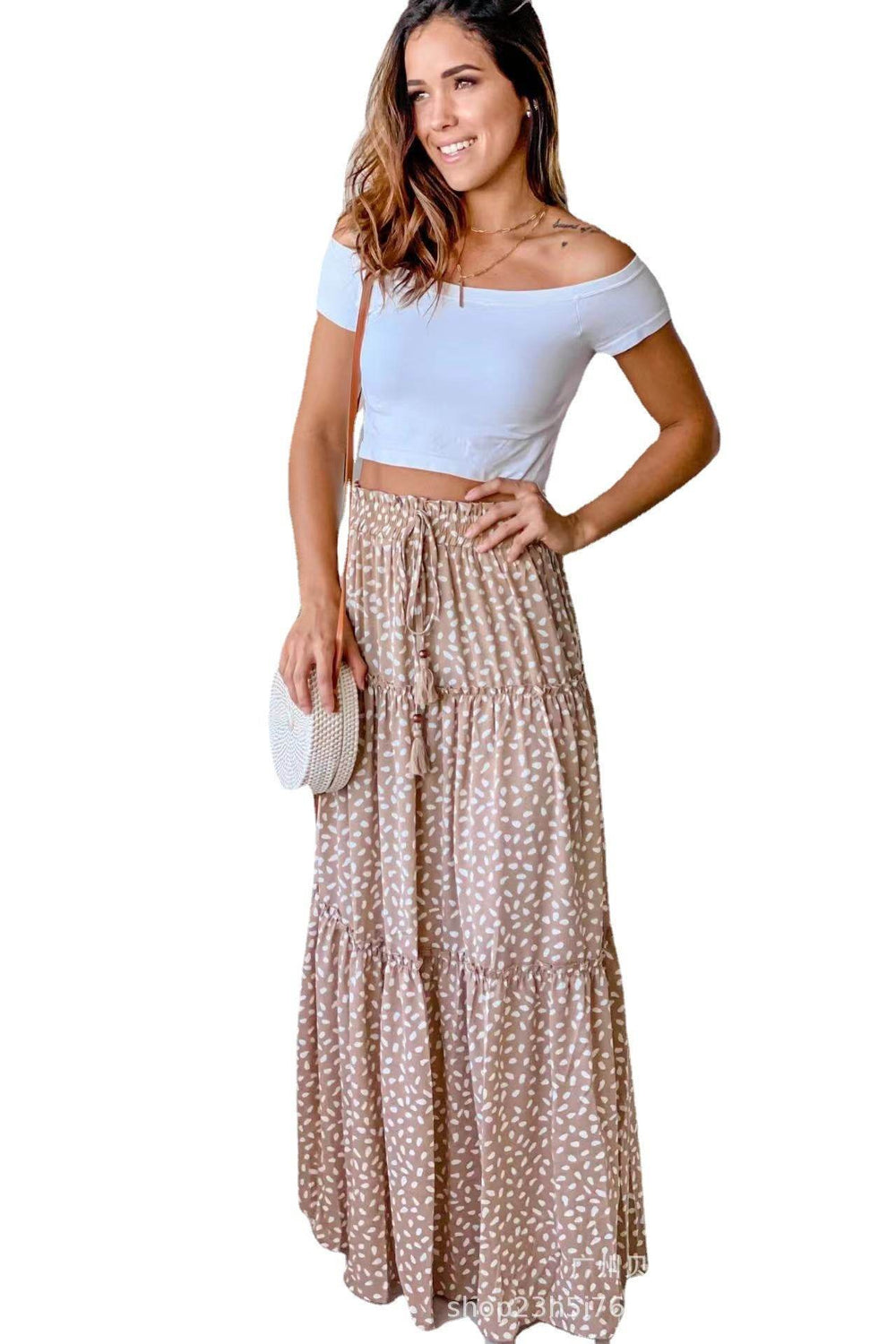 Casual Spring Summer Elastic Waist Pleated Mid Waist printed Maxi Skirt - EX-STOCK Canada