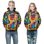 Two people wearing colorful hoodies with a lion design on a white background