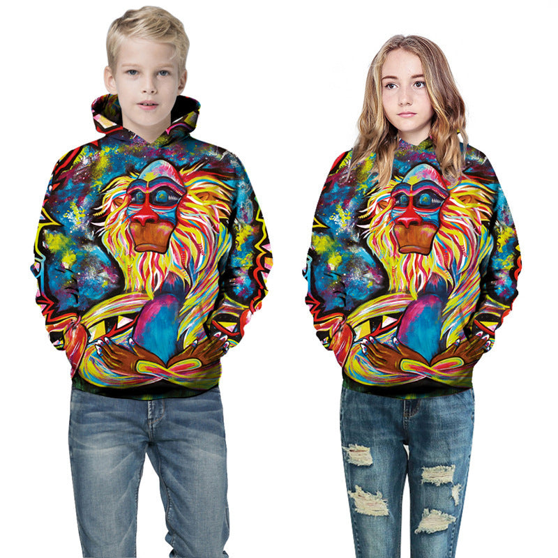 Two people wearing colorful hoodies with a lion design on a white background
