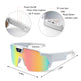 Sunglasses with technical diagram showing features and dimensions on a white background