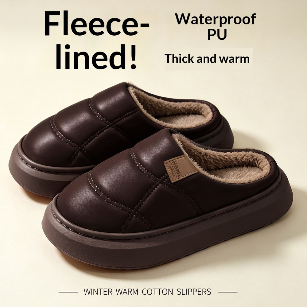 A pair of dark brown fleece-lined slipper shoes with thick soles, shown on a light beige background with promotional text highlighting waterproof PU and warm fleece lining.