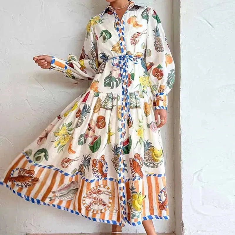 Print Holiday Women Beach Dress With Belts A-Line Long Lantern Sleeve Single Breasted Lapel Seaside Dresses Robe - EX-STOCK CANADA