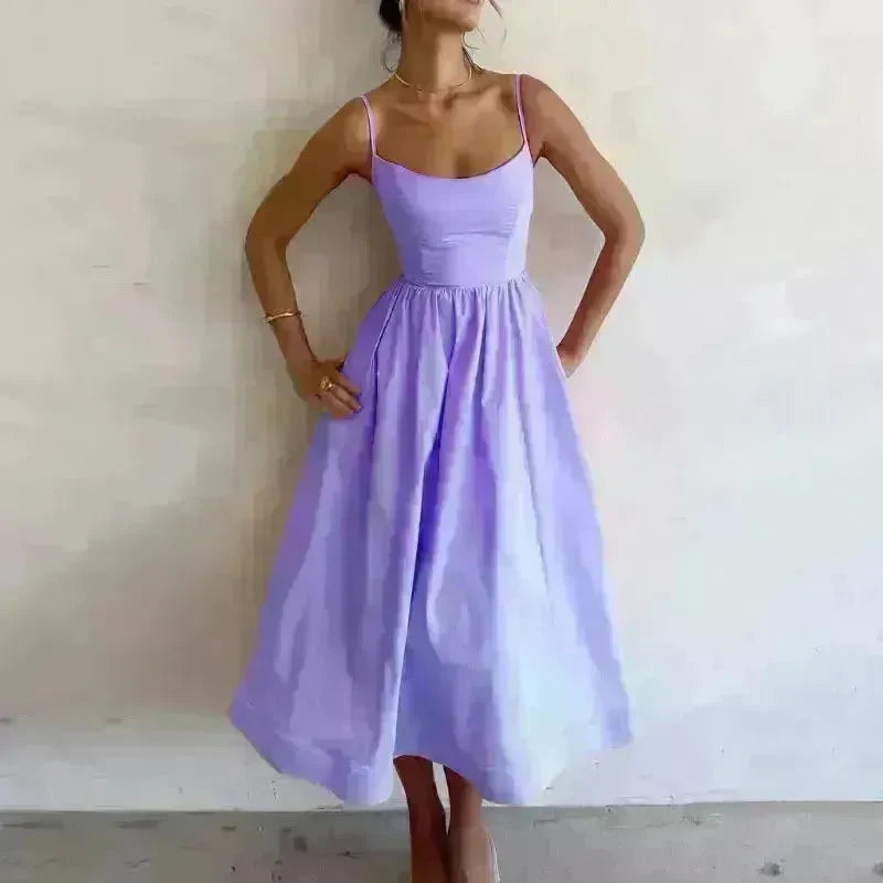 Elegant Solid Color Spaghetti Strap Suspender Skirt Dress Midi Skater Dress for Women - EX-STOCK CANADA