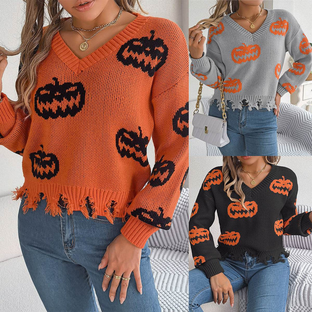 Halloween Contrast Color Pumpkin Cut Long Sleeve Sweater - EX-STOCK Canada
