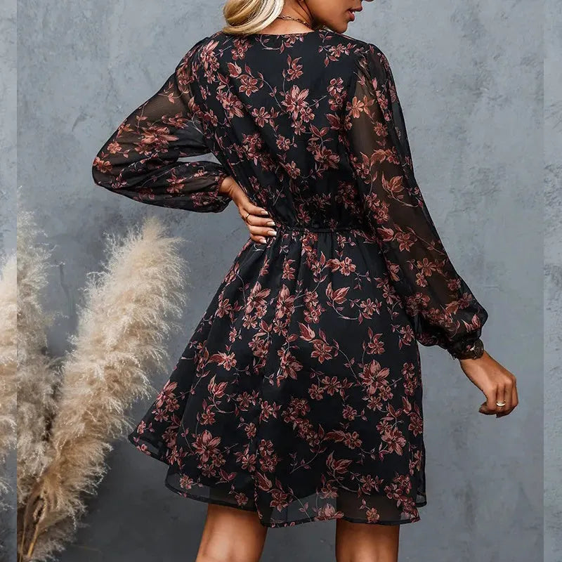 Casual V-neck Elegant Summer Spring Long Sleeve Chiffon Floral mini Dress - EX-STOCK CANADA