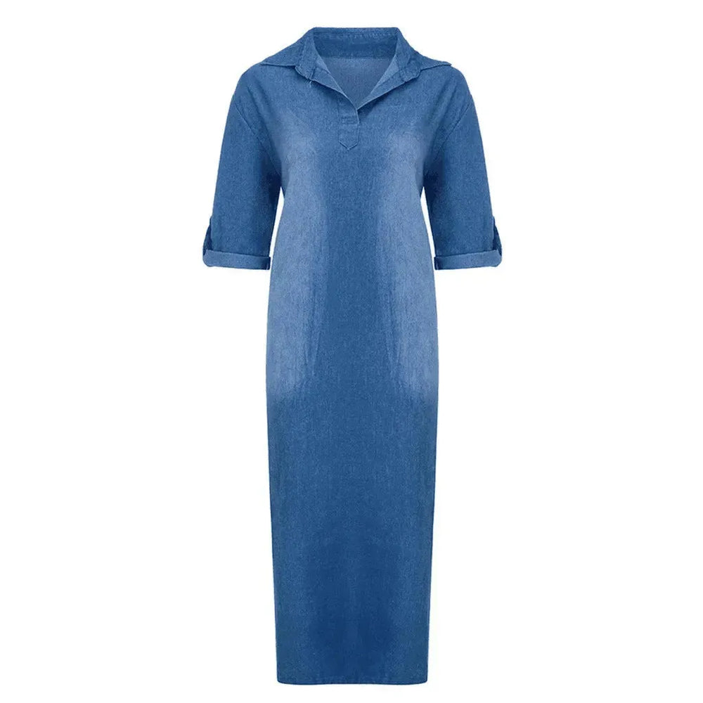 New washed denim dress Side Split Loose Mum Long Jeans Dress - EX-STOCK CANADA