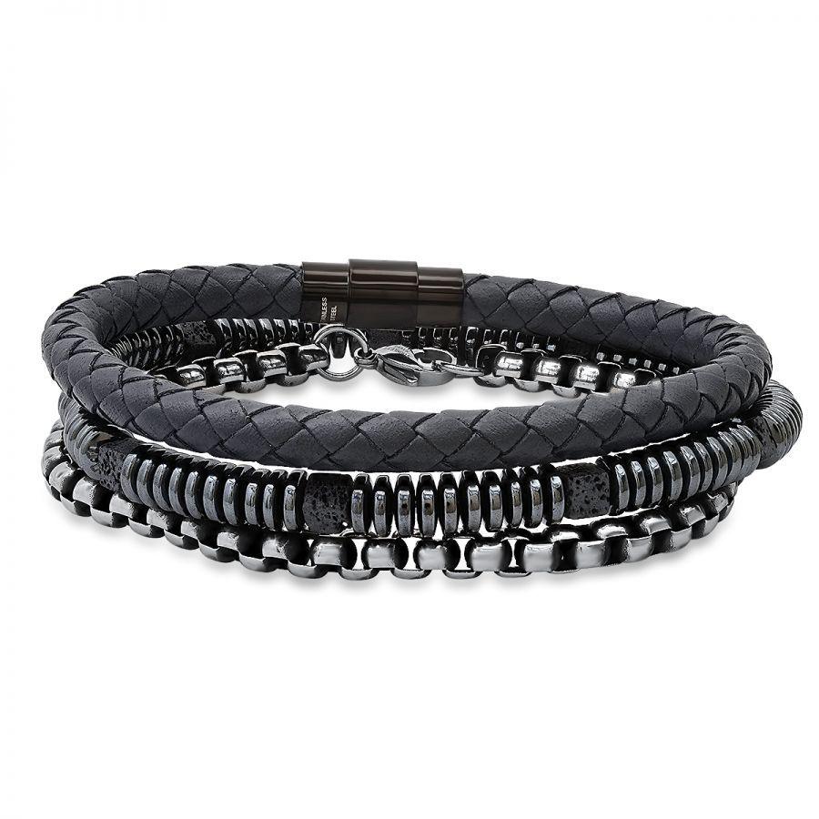 Bracelets pour hommes SteelTime en cuir noir et acier inoxydable avec hématite et pierre de lave 