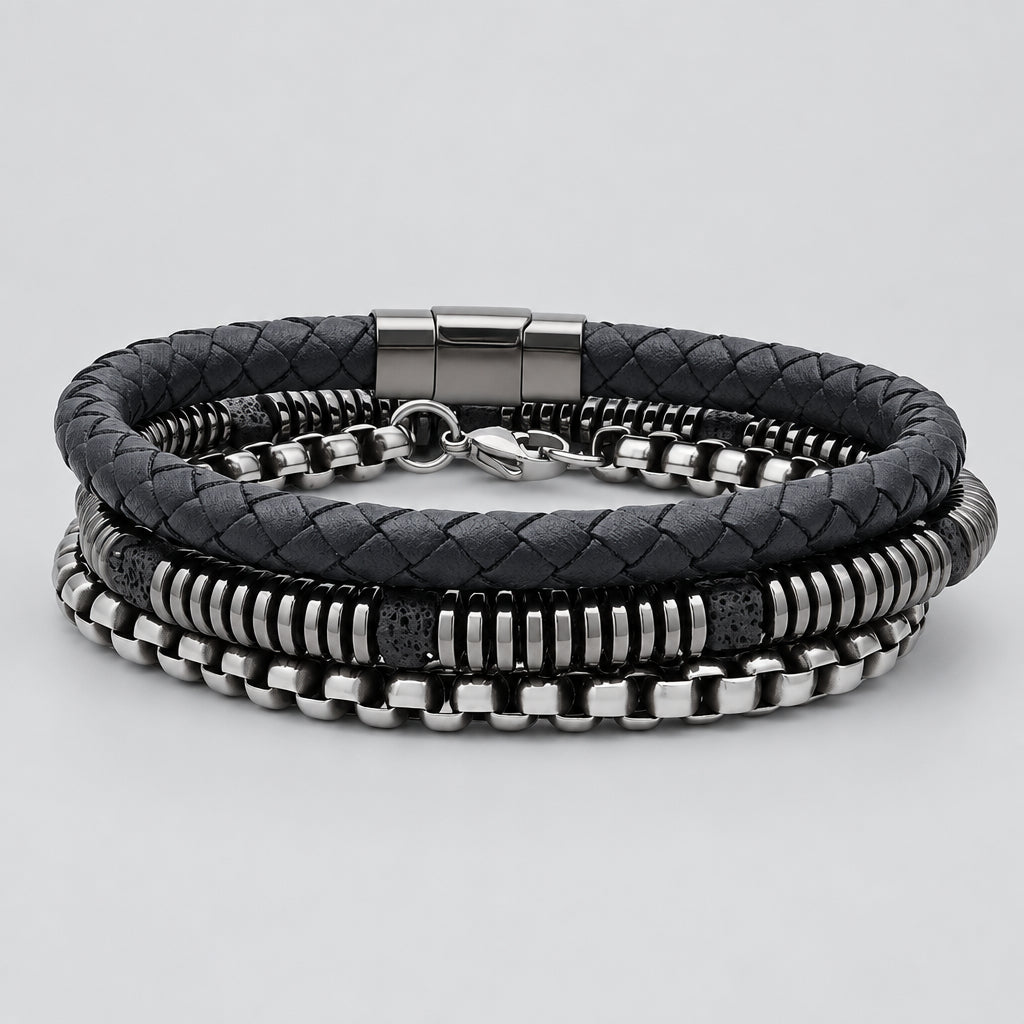 Bracelets pour hommes SteelTime en cuir noir et acier inoxydable avec hématite et pierre de lave 