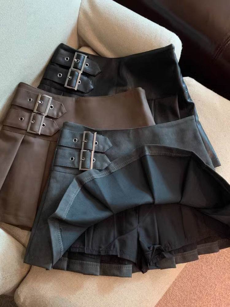 Women's American-style Vintage Mini Pleated Leather Skirt - EX-STOCK Canada