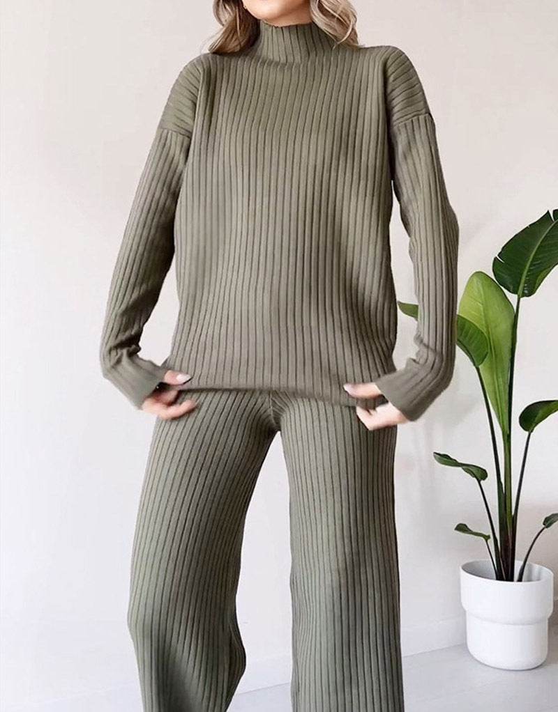 Casual 2pcs Co ord Winter Turtleneck Knitted Suit Loose Split Long-sleeved Top And Straight Trousers Fashion Casual Solid Set Women's Clothing - EX-STOCK Canada