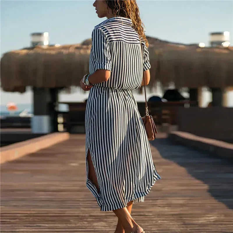 Stripe Shirt Women's Dress Spring Summer Chiffon V-neck Sexy Maxi Dresses Sexy Elegant Casual Girl Lace Women Long Sleeve - EX-STOCK CANADA