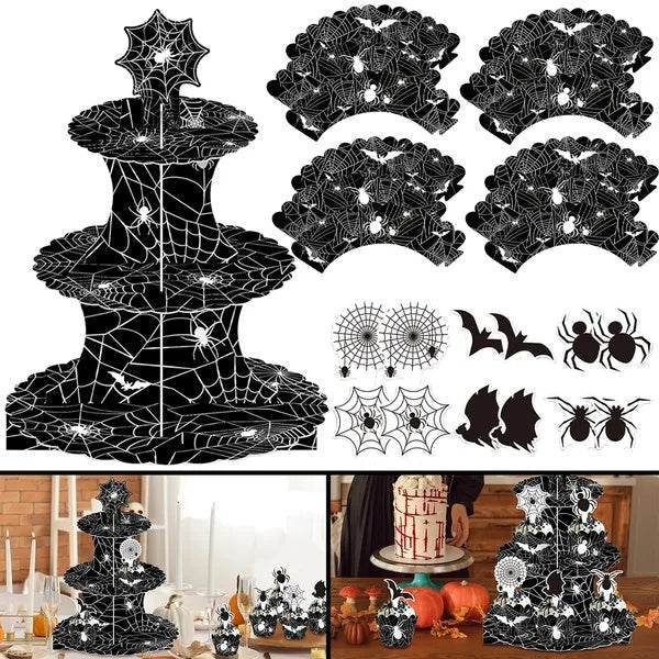 3 Tier Halloween Cupcake Stand Black Spider Web Cardboard Cupcake Stand Spider Bat Cupcake Toppers Halloween Cupcake Holder Tower For Halloween Birthday Party Supplies - EX-STOCK Canada