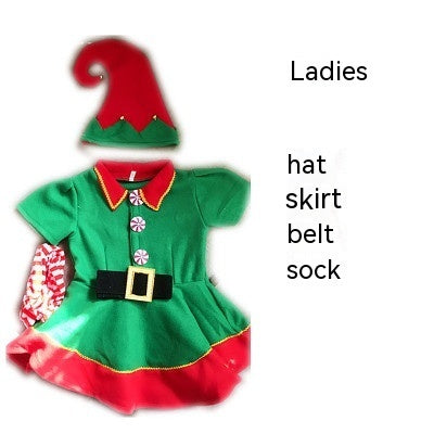 Green and red elf costume with hat, skirt, belt, and sock on a white background.