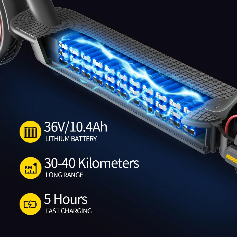 Electric scooter battery pack with specifications on a dark background D01 Foldable Electric Scooter – 350W Motor, 40km/h, 30–40km Range
