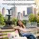A smiling woman sits on a wooden park bench with a large fluffy white cat-like plush toy in front of a city skyline and fountain. Promotional text at the top reads, 'Can catch the joke A heartfelt AI conversation,' with chat bubbles showing supportive phrases.