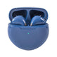 Blue wireless earbuds in a charging case on a white background