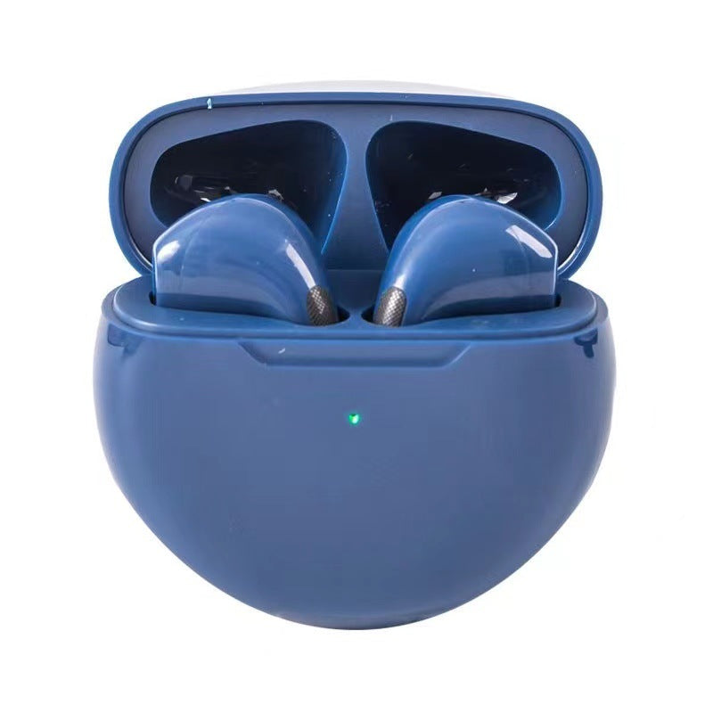 Blue wireless earbuds in a charging case on a white background