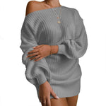 Autumn Winter Slant Shoulder Off Lantern sleeve Mini knitted wool sweater dress - EX-STOCK Canada