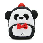 Panda-shaped backpack with a red bow tie on a white background