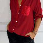 Casual Button-down Long Sleeve Shirt With Sequin Pocket Design Fashion Commuter Top Women Clothing - EX-STOCK CANADA