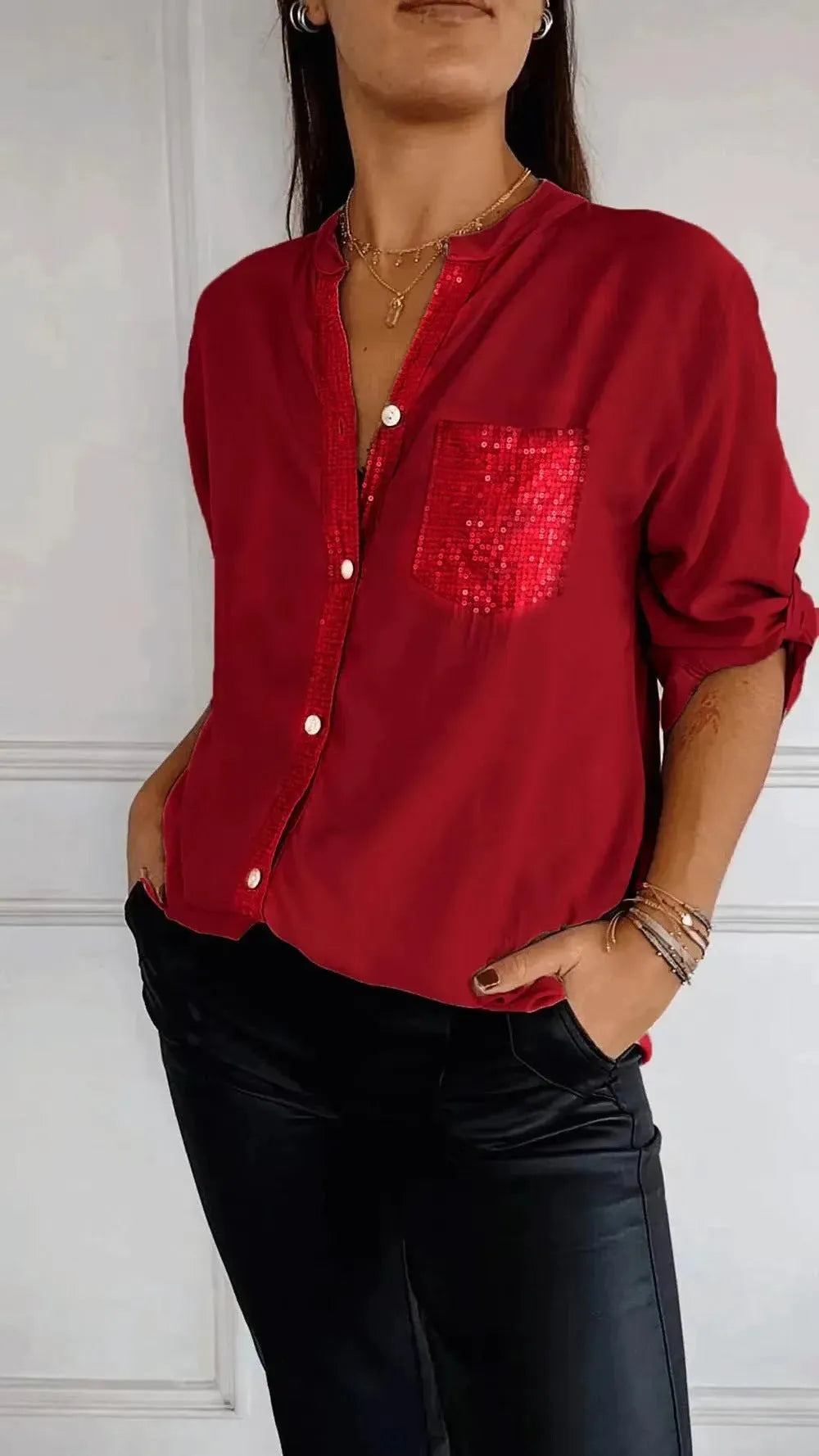 Casual Button-down Long Sleeve Shirt With Sequin Pocket Design Fashion Commuter Top Women Clothing - EX-STOCK CANADA