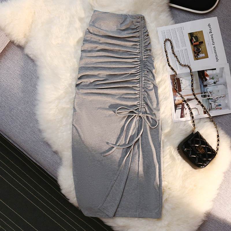 Women's drawstring Side Slit Pleated Hip Midi Skirt - EX-STOCK Canada