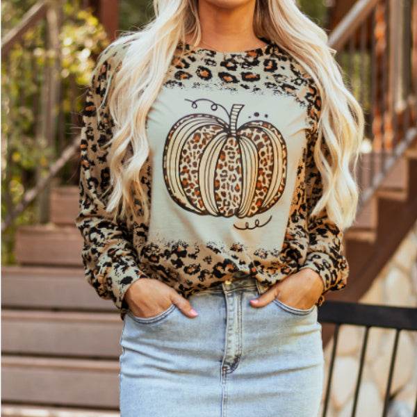 Brown Bleached Halloween Pumpkin Leopard Print Sweatshirt - EX-STOCK Canada