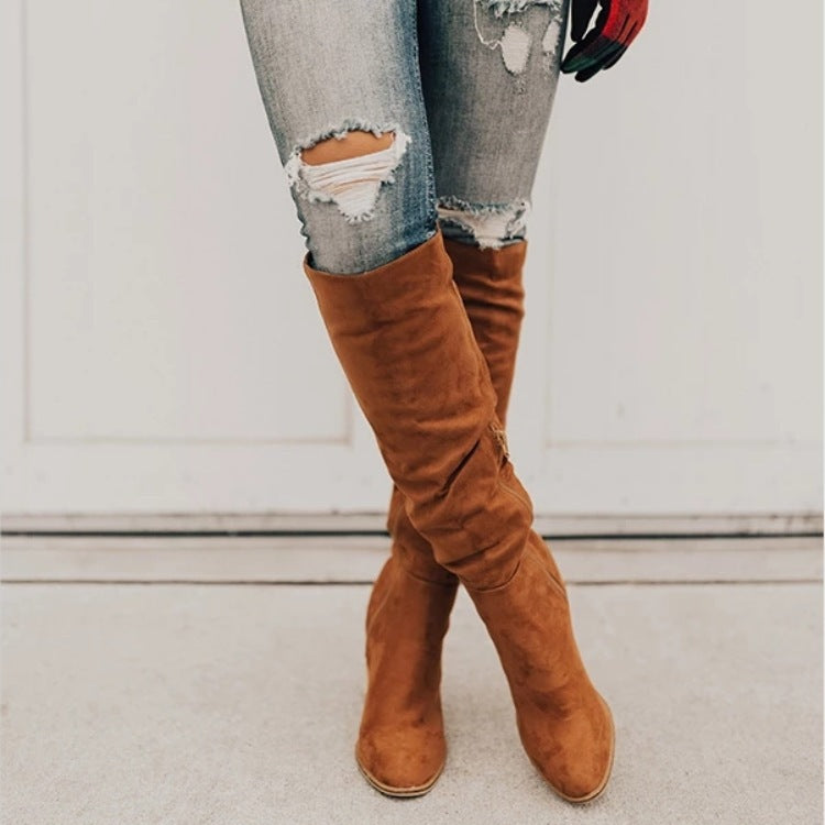 Women's Side Zip Over The Knee Boots – Block Heel Suede Long Boots | Apricot, Black, Brown