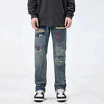 American Style Loose Broken Patch Straight Retro Denim Jeans pant Trousers Men - EX-STOCK CANADA