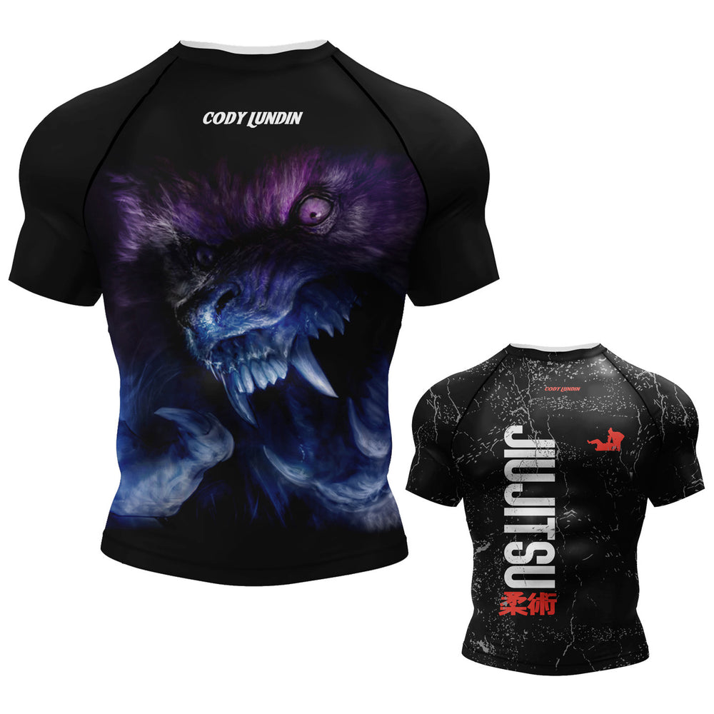 Black athletic shirt with a graphic design on the front and text on the back, displayed on a white background.