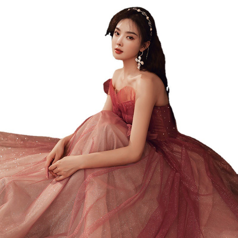 Evening Female Toast Dress Red Bridal Dinner Tube Top Long Dress Host Fairy Spirit EX-STOCK Canada 