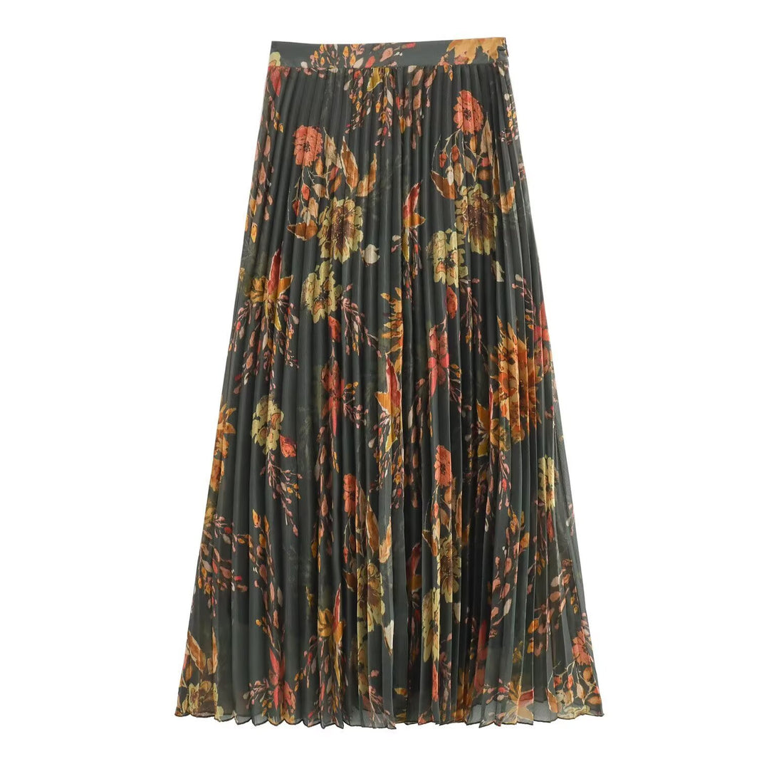 Women's Floral Pleated Midi Skirt – Autumn Print Chiffon A-Line | S–L