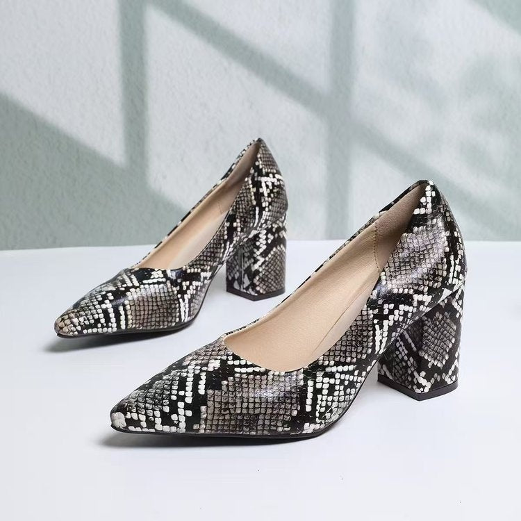Women's Snake Print Pointed Toe Block Heel Pumps 2026 Spring Summer Elegant High Heels Versatile Office Party Shoes 