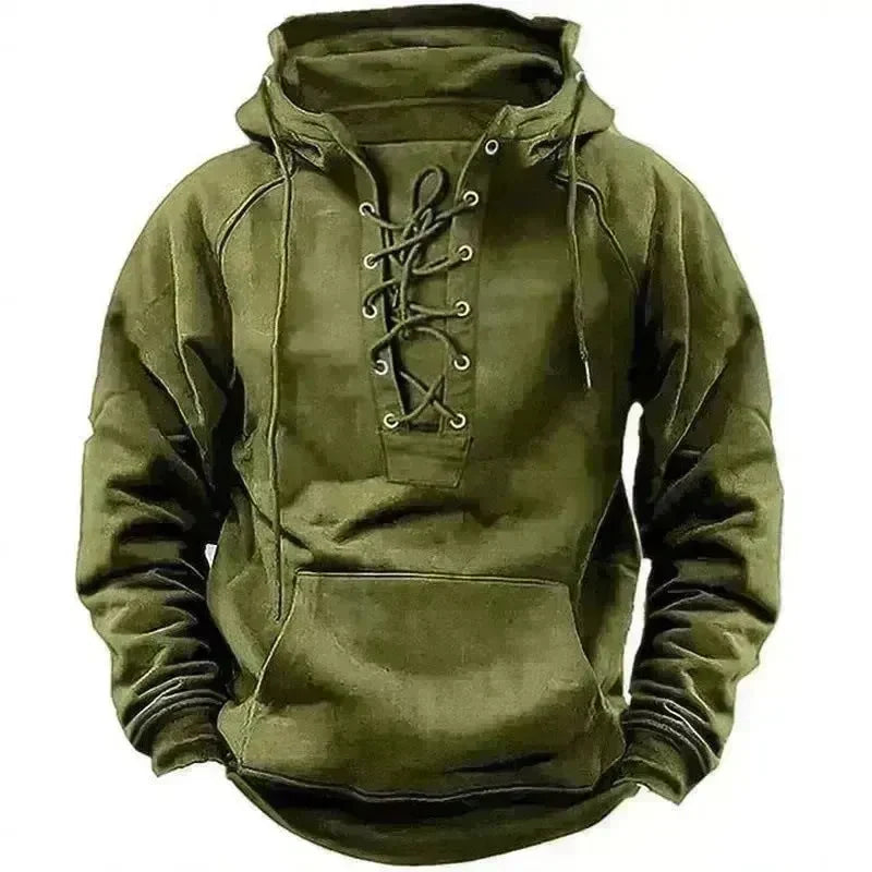 Men's Outdoor Retro Lace-up Hooded Long-sleeved T-shirt Casual Pullover top sweatshirt - EX-STOCK CANADA