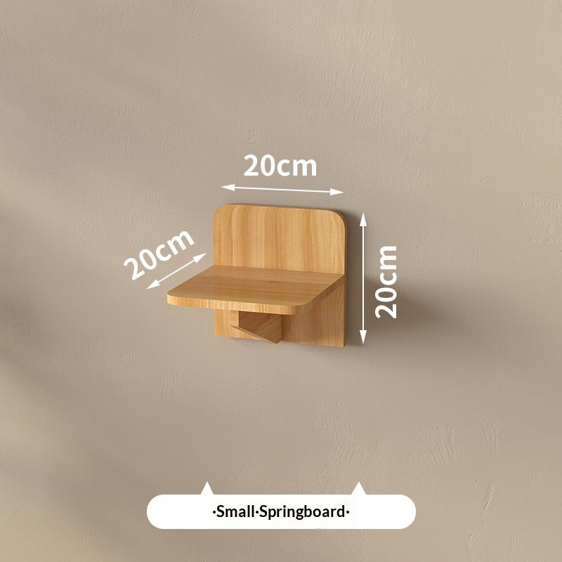 A small wooden wall-mounted springboard shelf with dimension labels showing 20cm width, 20cm depth, and 20cm height, mounted on a beige wall.