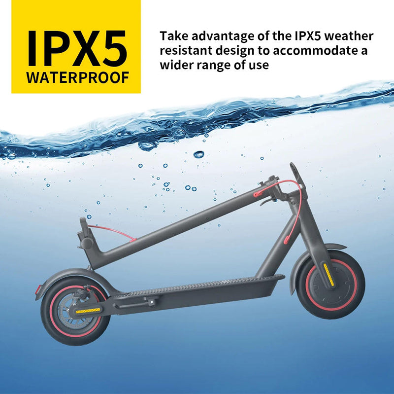 Electric scooter with IPX5 waterproof feature on a water-themed background