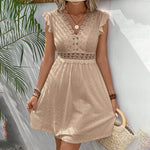 Women's V Neck Lace Mini Dresses Casual Summer Ruffle Sleeve Crochet Sundresses EX-STOCK
