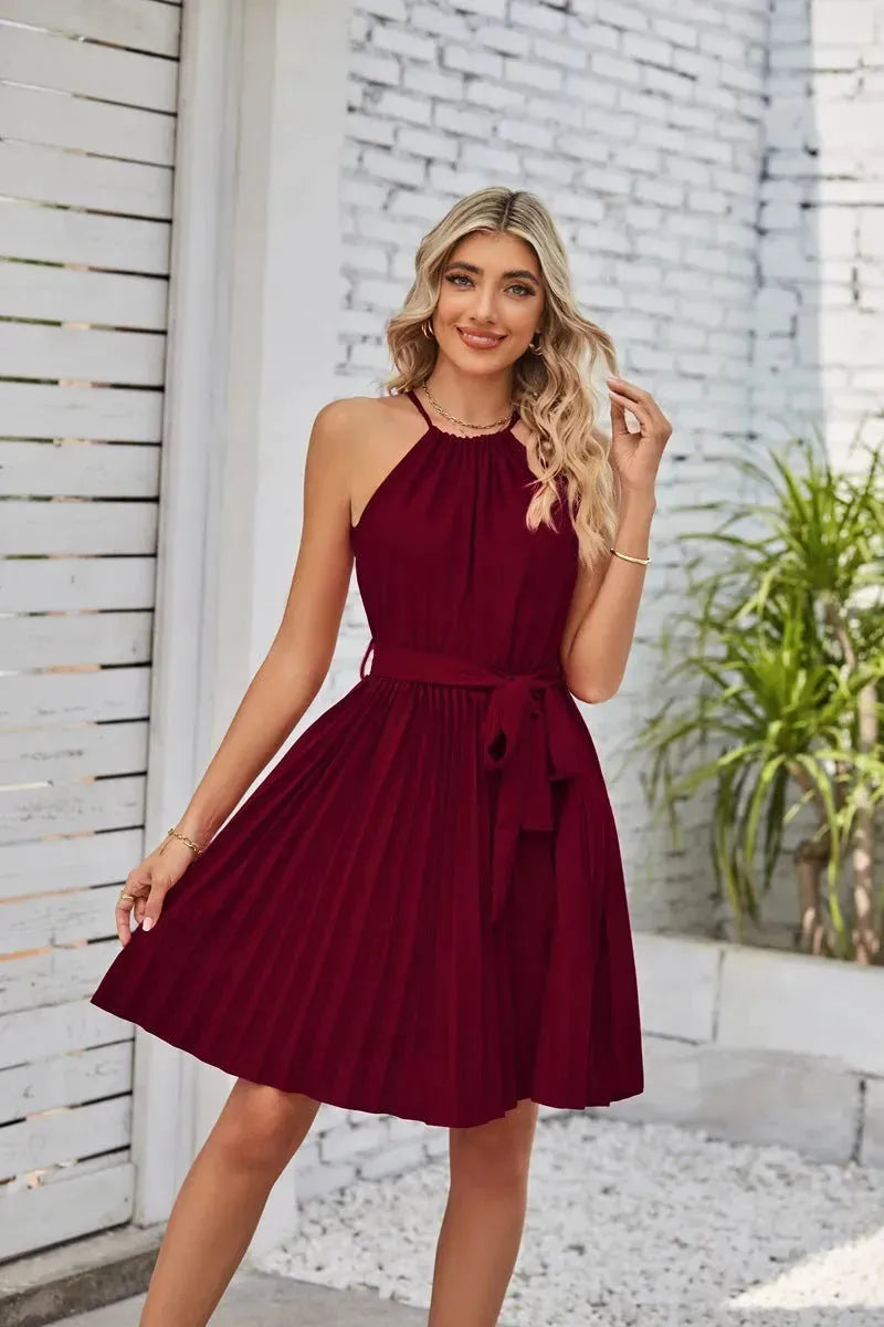 Halter Strapless Dresses For Women Solid Pleated Skirt Summer Beach Sundress - EX-STOCK CANADA