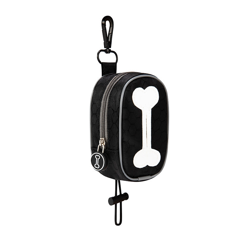 Black pet waste bag dispenser with bone design on a white background